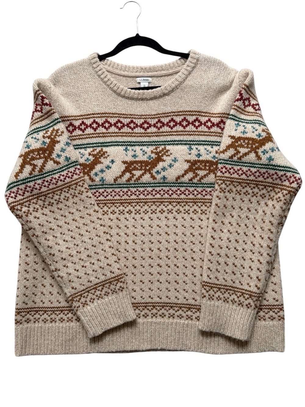 L.L. Bean Ragg Wool Cream Reindeer Crewneck Sweater - Picture 2 of 4